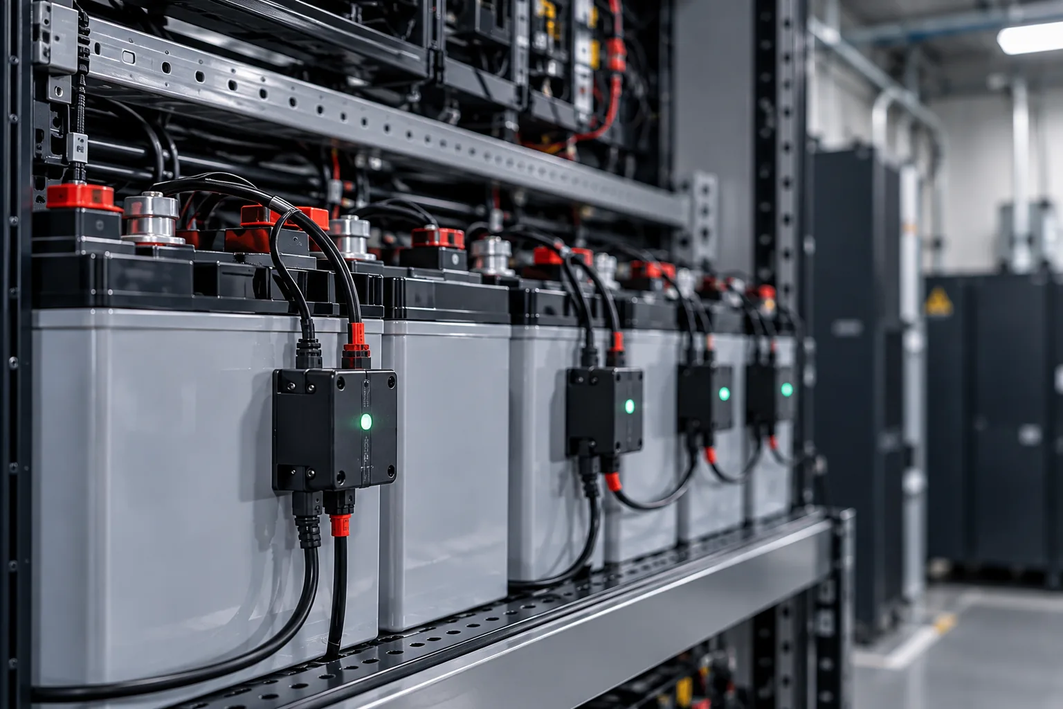 Battery monitoring modules fitted to each battery in a UPS battery string