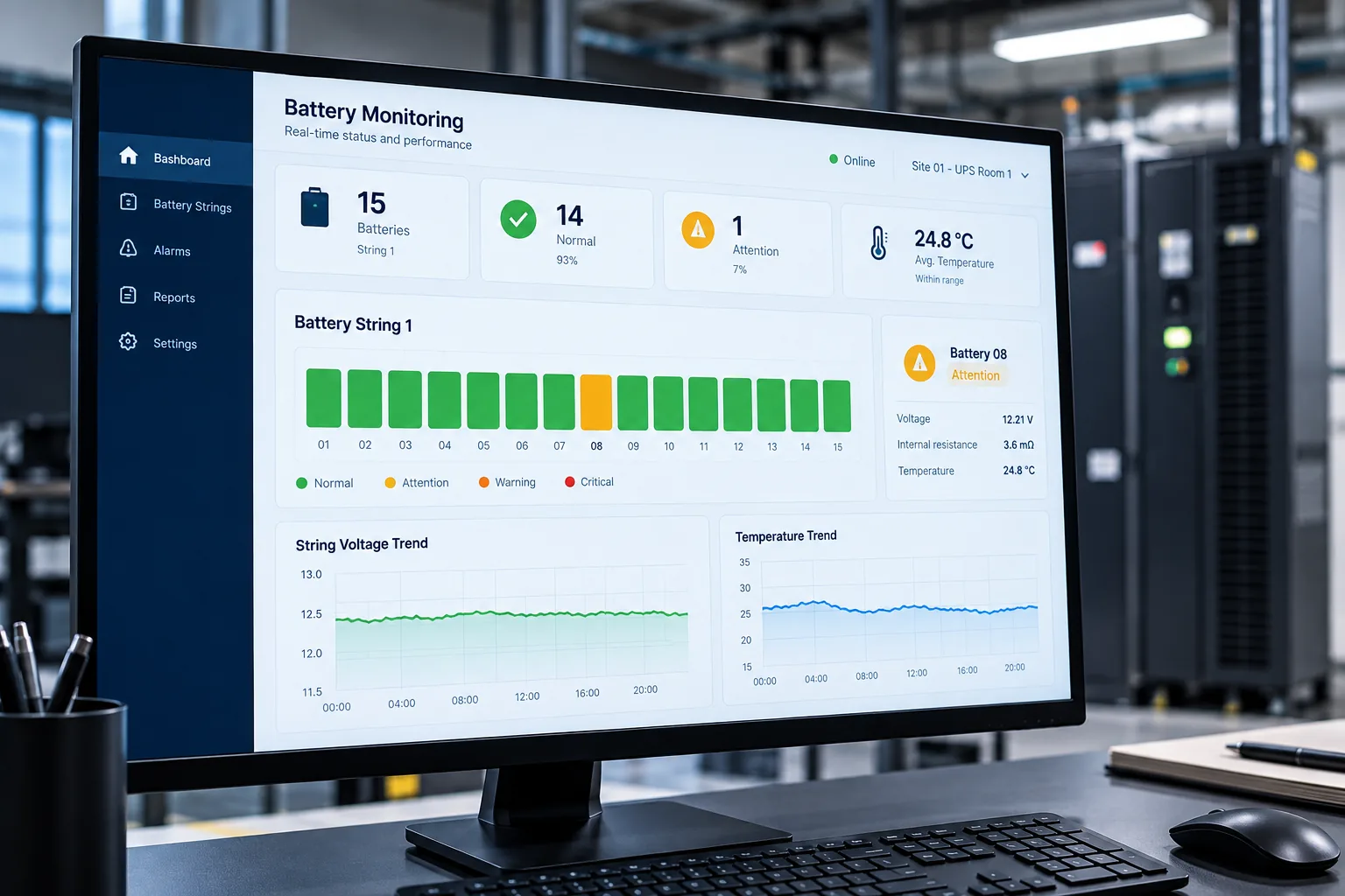 Battery monitoring dashboard showing a battery string with one battery flagged for attention