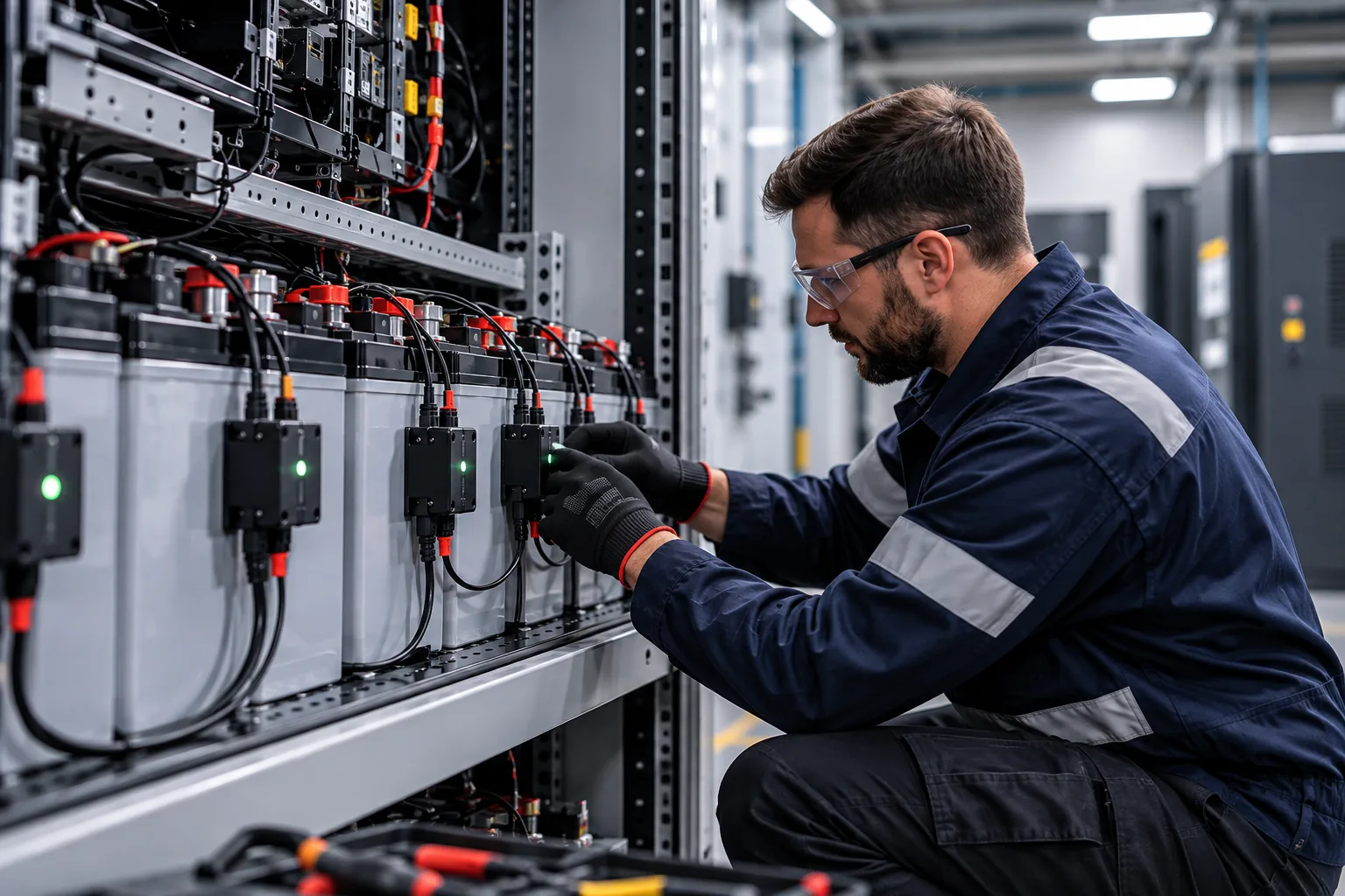 Technician working on monitored UPS batteries