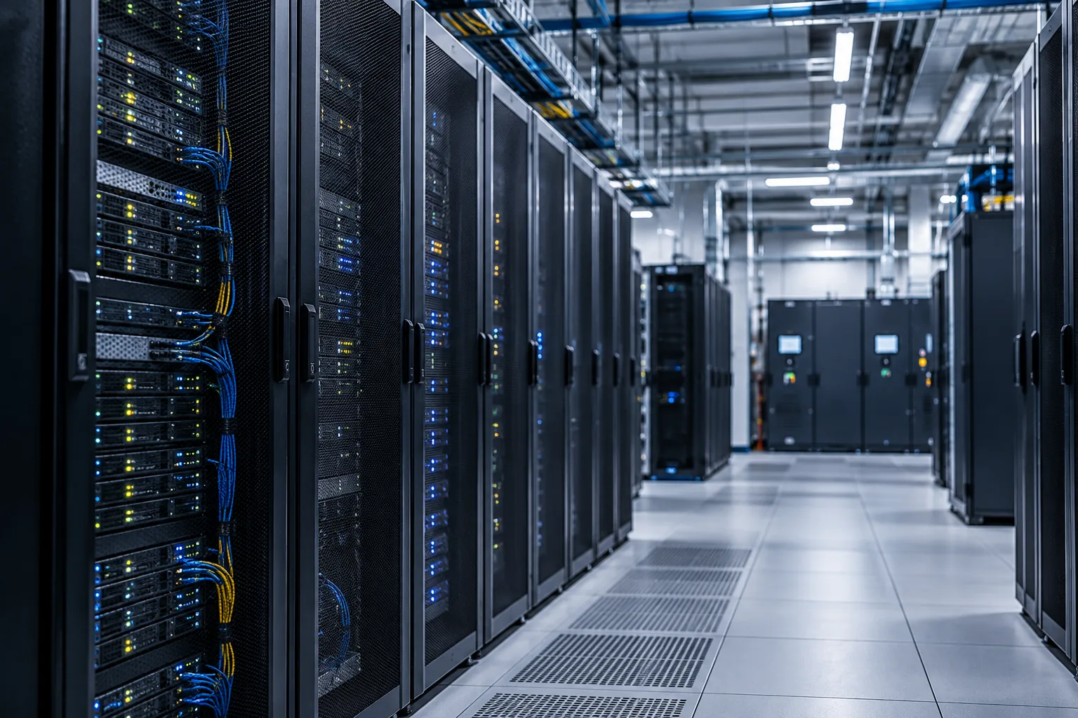 Data centre hall with rows of server racks