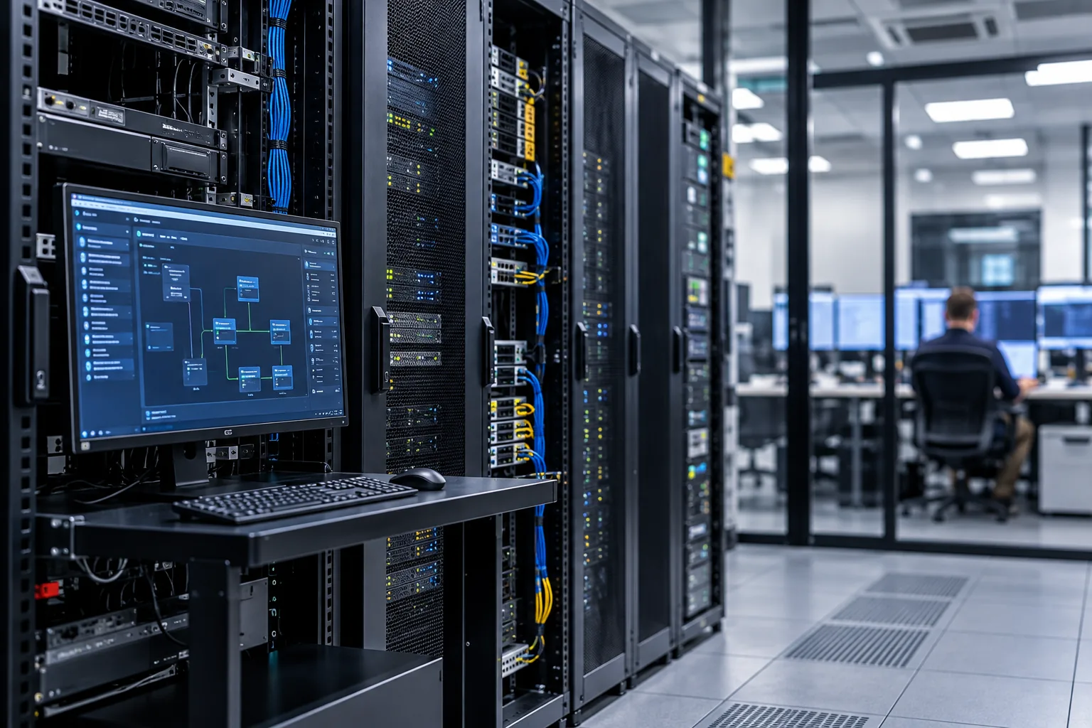 Critical IT room with network racks and a monitoring screen