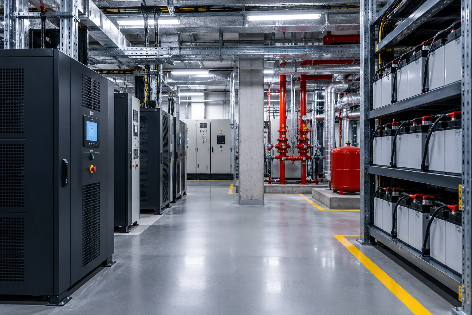 Plant room with UPS cabinets and battery racks