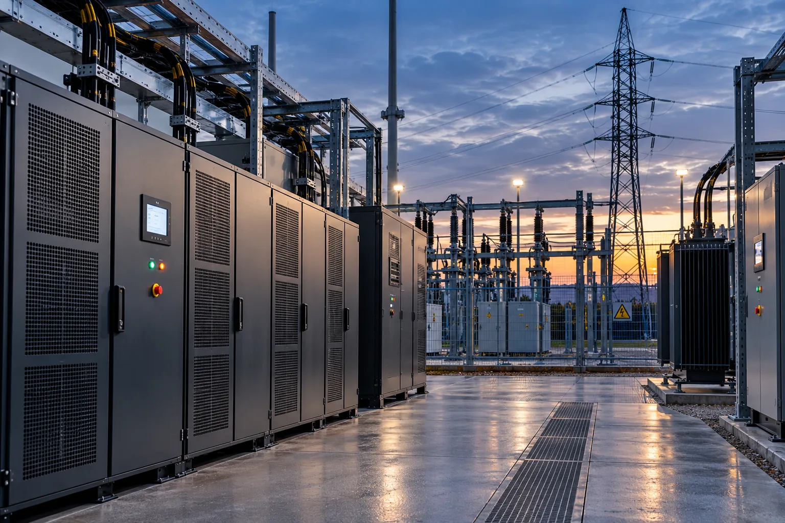 Outdoor power cabinets at an electrical substation