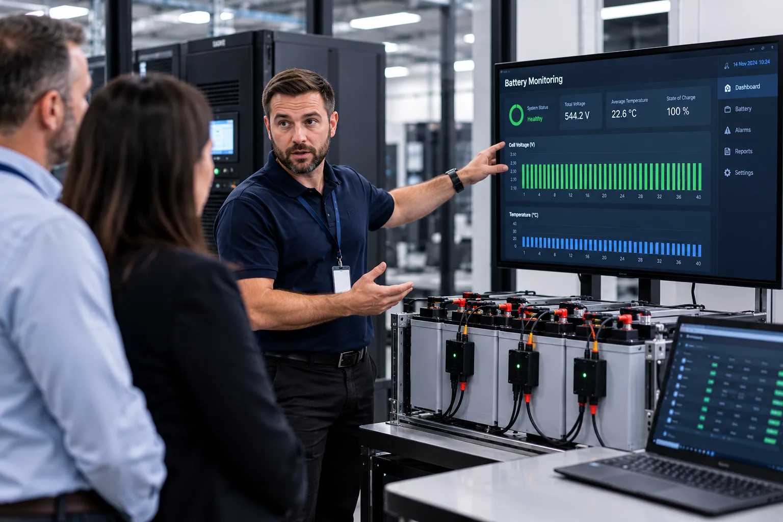 Battery monitoring dashboard being demonstrated beside a monitored UPS battery string